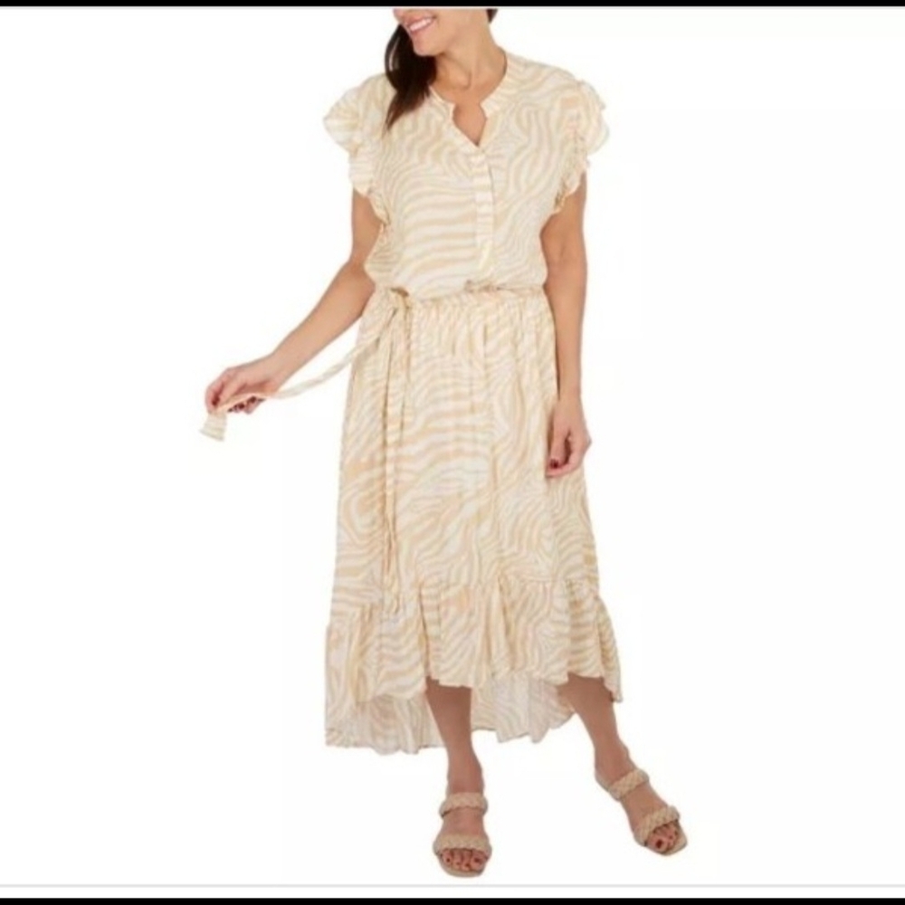 Womens Zebra Split Neck Ruffle Sleeveless High Low Dress